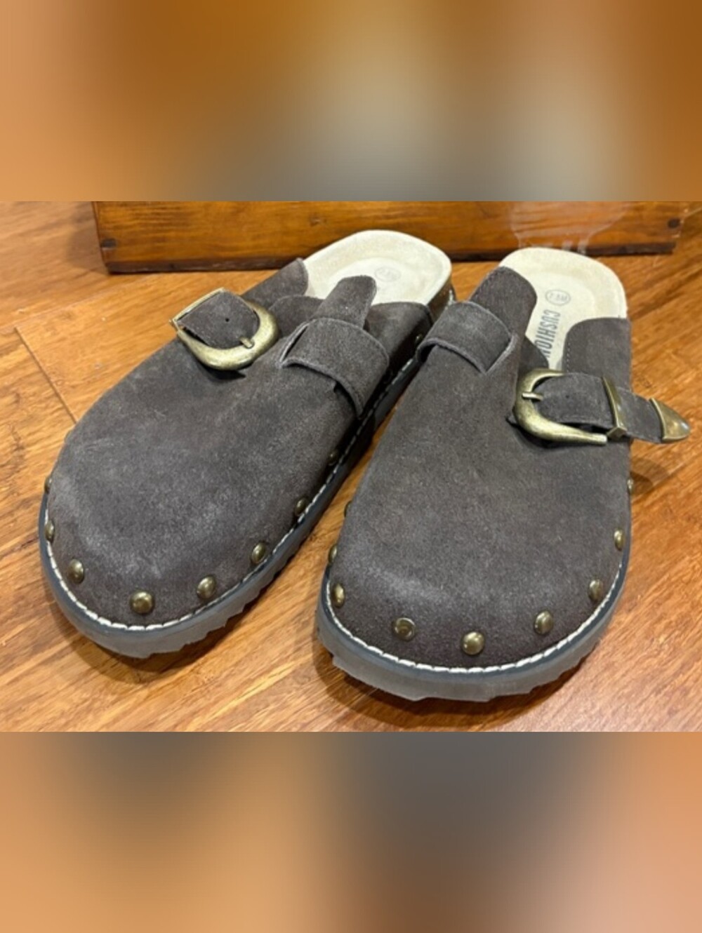 Brown Suede Slip-On Clog with Brass Buckle - Picture 2 of 3